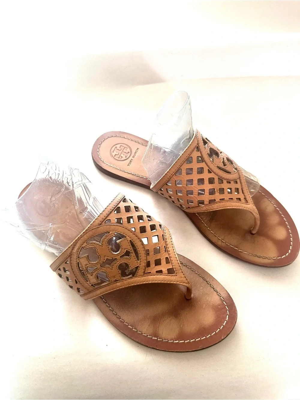 Tory Burch Tan Leather Cutout Thong Sandals